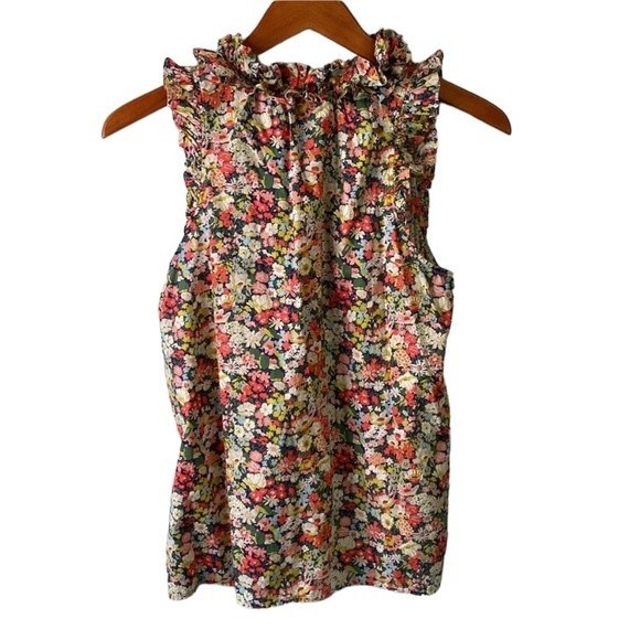 J. Crew Liberty Print Floral Ruffle Blouse Sleeveless Tie Split Neck Thorpe - Picture 7 of 16